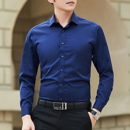 Men Solid Color Business Shirt Fashion Classic Basic Casual Slim White Long Sleeve