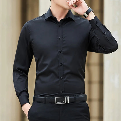 Men Solid Color Business Shirt Fashion Classic Basic Casual Slim White Long Sleeve