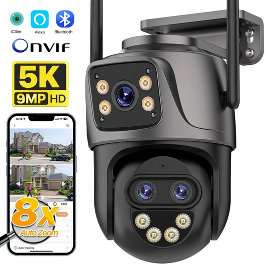 9MP 5K HD WiFi IP Camera Outdoor 8x Zoom Three Lens Dual Screen PTZ Camera Auto Tracking Home Security CCTV Surveillance 4MP Cam