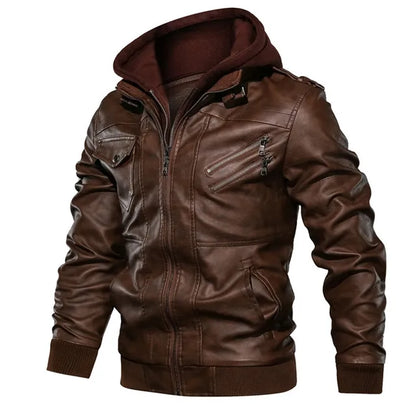 Rebel Edge Detachable Hood Leather Jacket