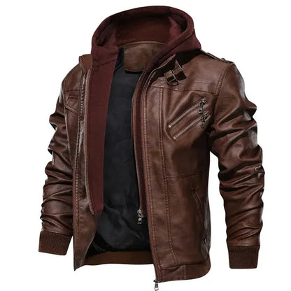 Rebel Edge Detachable Hood Leather Jacket