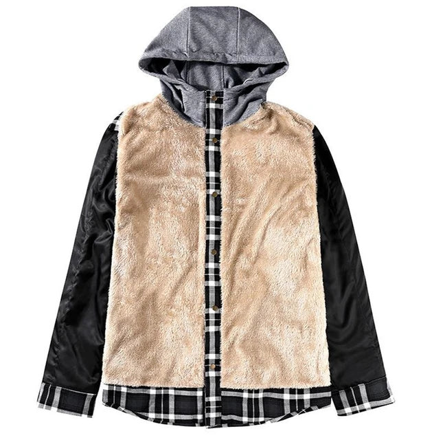 Winter Men's Jacket Plaid Hooded Velvet Thickened Warm Cotton Loose Long Sleeve