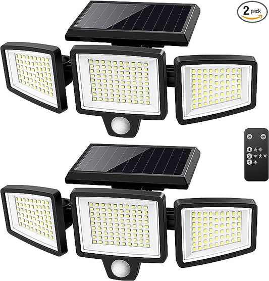 Solar Outdoor Lights 2500LM 210 LED Security Lights with Remote Control,3 Heads Motion Sensor Lights, IP65 Waterproof,270° Wide Angle Flood Wall Lights with 3 Modes(2 Packs)