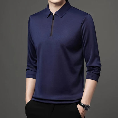 Men’s Zipper Polo Shirt Turn-Down Collar Long Sleeve Business Men Clothes