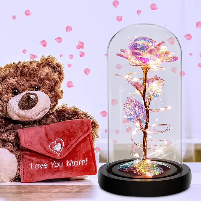 Colorful Rainbow Artificial Flower Rose Light Up Rose in A Glass Dome