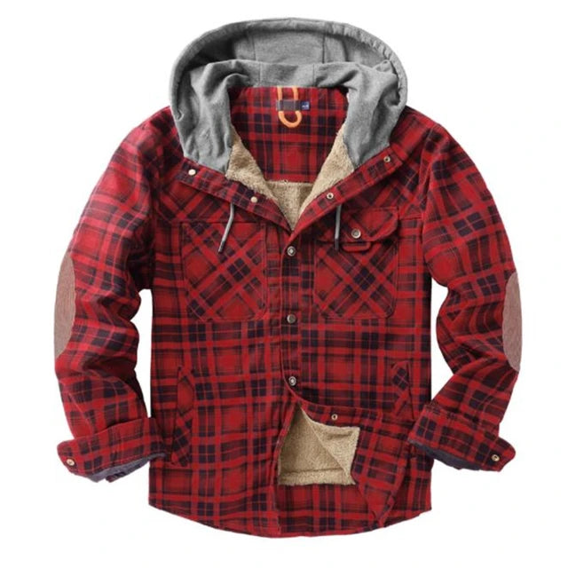 Winter Men's Jacket Plaid Hooded Velvet Thickened Warm Cotton Loose Long Sleeve