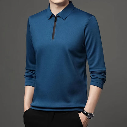 Men’s Zipper Polo Shirt Turn-Down Collar Long Sleeve Business Men Clothes