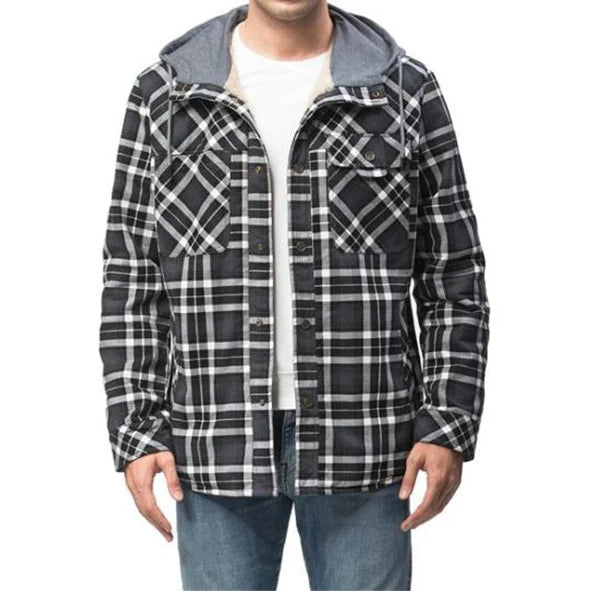 Winter Men's Jacket Plaid Hooded Velvet Thickened Warm Cotton Loose Lo ...