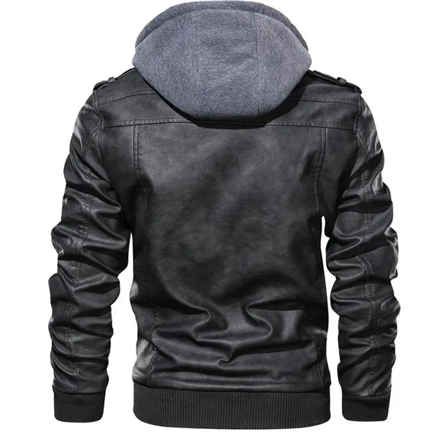 Rebel Edge Detachable Hood Leather Jacket