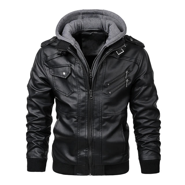 Rebel Edge Detachable Hood Leather Jacket